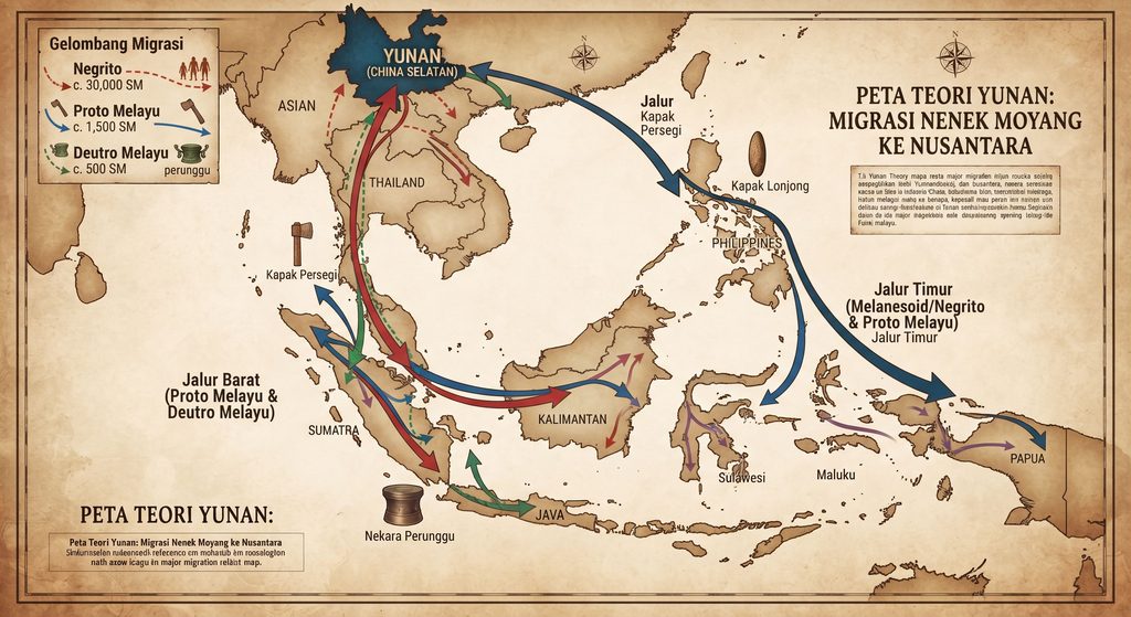 Teori Yunan: Asal-Usul Nenek Moyang Bangsa Indonesia dan Jalur Migrasinya - Gemini Generated Image 9422a89422a89422 Peta Jalur Migrasi Yunan